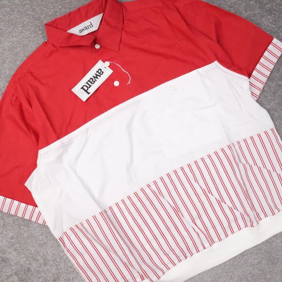 VTG 80s 90s Award Deadstock Large Red White Striped Short Sleeve Collared Shirt - Picture 9 of 10